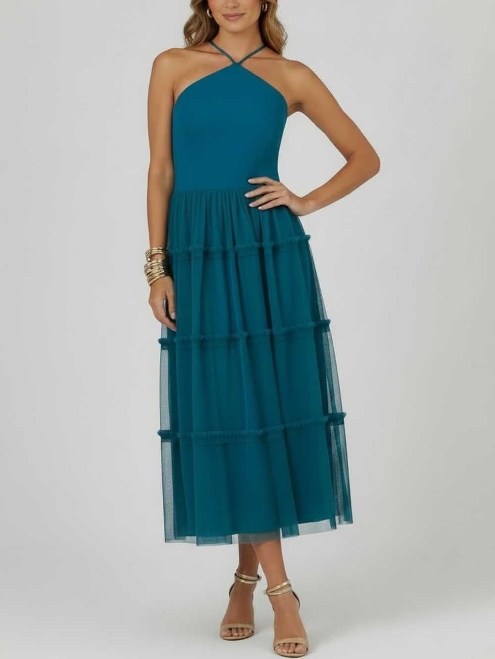 NWT ADRIANNA PAPELL Teal Sleeveless Halter Neck Tiered Mesh Ruffle Dress Size 8